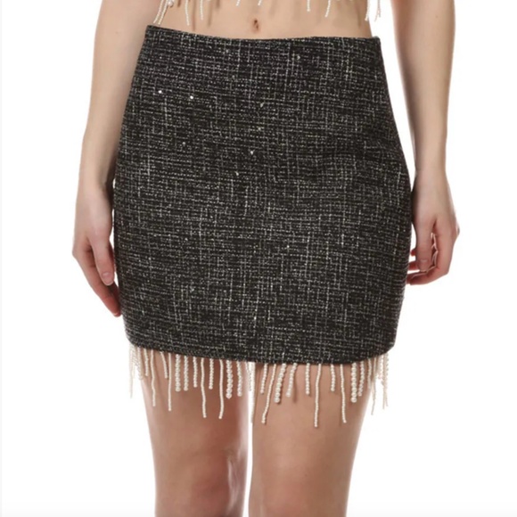 Lush Tweed Pearl Hem Mini Skirt (Small) Black - Picture 1 of 5